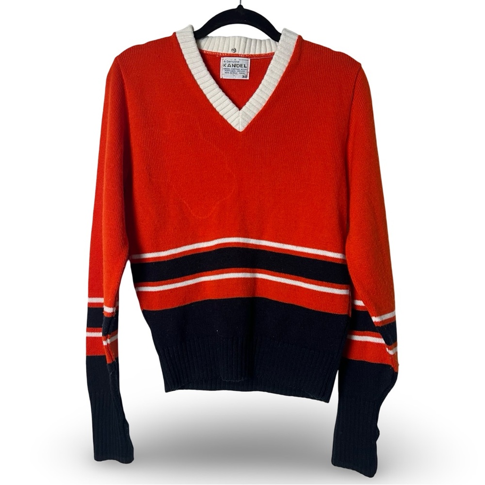 VTG 70s Kandel Cheer Sweater‎ V Neck Orange Navy Striped Varsity Sz 34